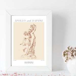 May include: A framed print of a line drawing of the sculpture "Apollo and Daphne" by Gian Lorenzo Bernini. The drawing is in shades of brown on a cream background.