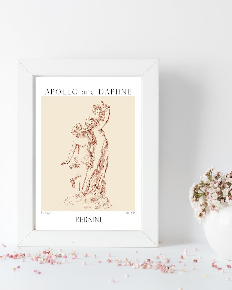 May include: A framed print of a line drawing of the sculpture "Apollo and Daphne" by Gian Lorenzo Bernini. The drawing is in shades of brown on a cream background.