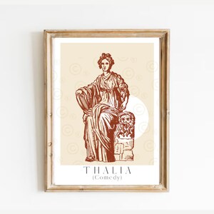 May include: A printable art print featuring a line drawing of Thalia, the Greek Muse of Comedy, in a red-brown color scheme. The print has a beige background with a circle pattern and the text "Thalia (Comedy)".