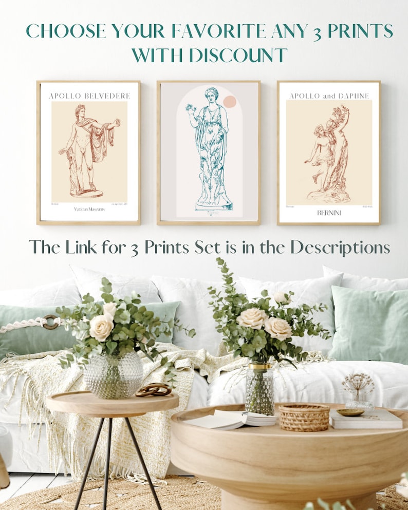 May include: Three framed prints of classical sculptures. The prints are in a living room setting with a white couch, a wooden coffee table, and a side table with a vase of flowers.