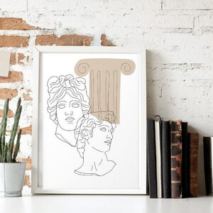 May include: A black and white line drawing of two classical busts, a woman and a man, with a brown column behind them.
