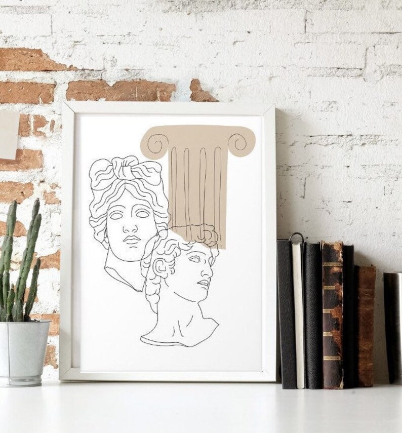 May include: A black and white line drawing of two classical busts, a woman and a man, with a brown column behind them.