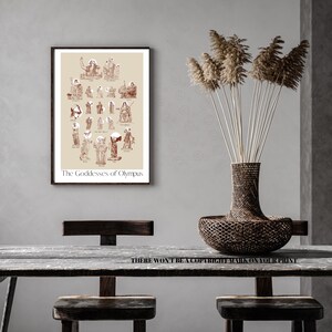 Puede incluir: Una impresi&oacute;n enmarcada con un fondo beige e ilustraciones marrones de las Diosas del Olimpo. La impresi&oacute;n est&aacute; colgada en una pared gris sobre una mesa de madera con dos sillas.