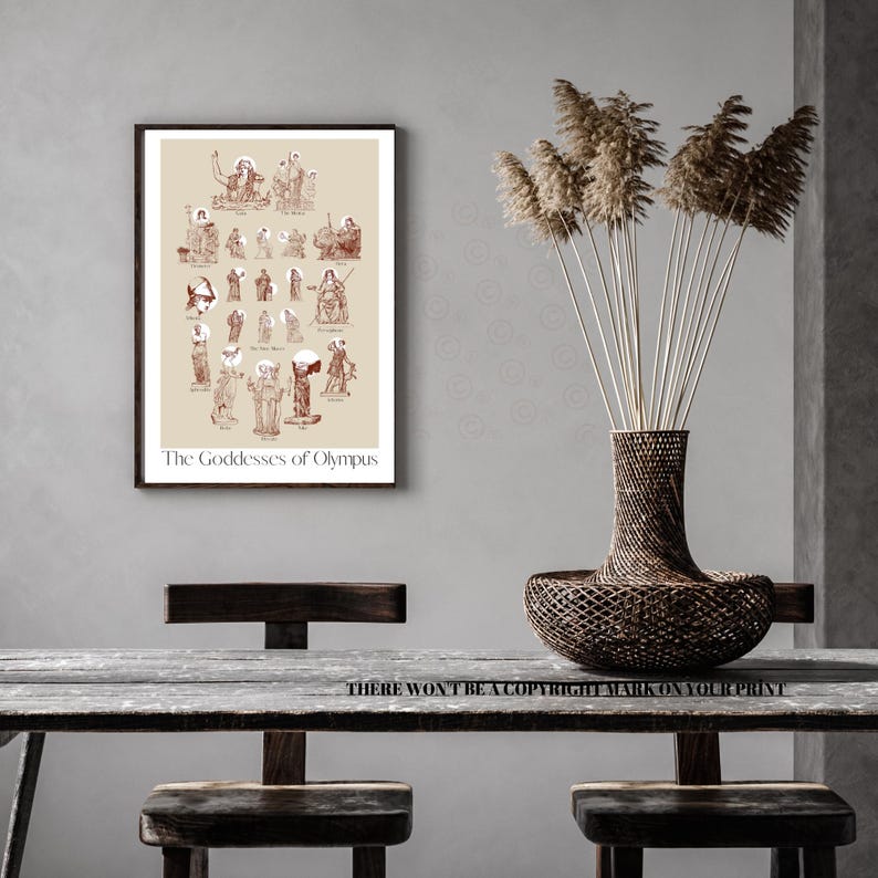 Puede incluir: Una impresi&oacute;n enmarcada con un fondo beige e ilustraciones marrones de las Diosas del Olimpo. La impresi&oacute;n est&aacute; colgada en una pared gris sobre una mesa de madera con dos sillas.