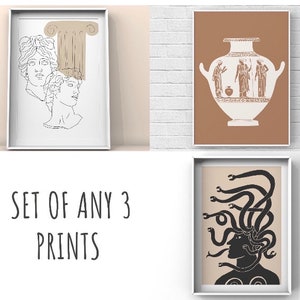 May include: Set of three printable art prints featuring a line drawing of two women's heads, a white vase with figures on a brown background, and a black and white illustration of Medusa with snakes for hair.