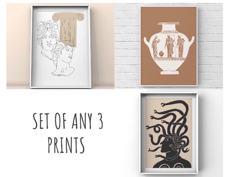May include: Set of three printable art prints featuring a line drawing of two women's heads, a white vase with figures on a brown background, and a black and white illustration of Medusa with snakes for hair.