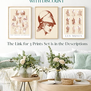 May include: Three framed prints with illustrations of Greek mythology. The first print shows the twelve Olympians, the second print shows Athena, and the third print shows the nine Muses. The text on the prints reads "The Twelve Olympians" and "Les Muses".