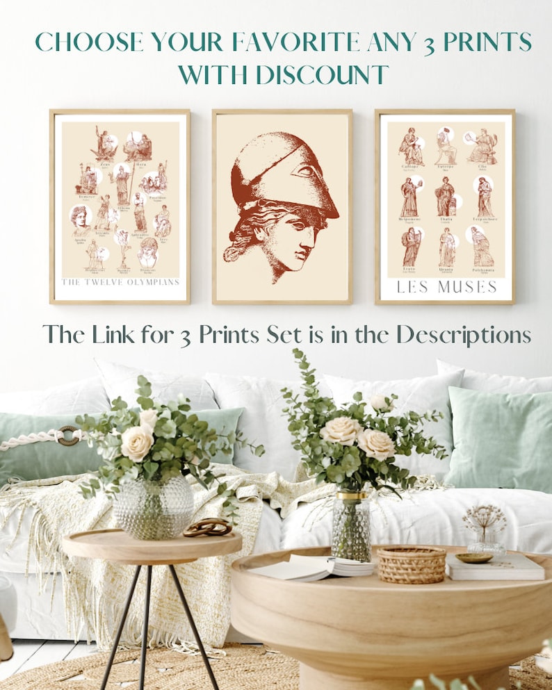 May include: Three framed prints with illustrations of Greek mythology. The first print shows the twelve Olympians, the second print shows Athena, and the third print shows the nine Muses. The text on the prints reads "The Twelve Olympians" and "Les Muses".