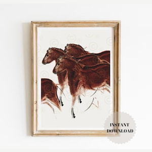 Lascaux Horses Prehistoric Cave Painting, Paleo Art Print, Stone Age Poster for Archaeologist, Gift for Horse Lovers, Rustic Apartment Decor