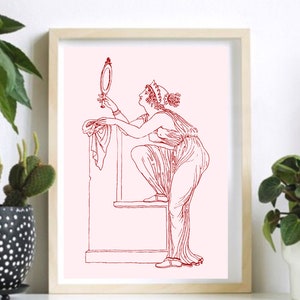 May include: A red line drawing of a woman in a long dress looking at a hand mirror. The woman is standing on a platform with a draped cloth.