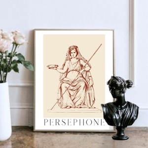 May include: A vintage illustration of Persephone, the Greek goddess of spring, sitting on a throne with a scepter in her hand. The image is in red and white on a cream background.