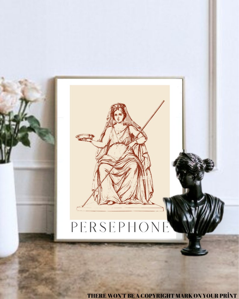 May include: A vintage illustration of Persephone, the Greek goddess of spring, sitting on a throne with a scepter in her hand. The image is in red and white on a cream background.