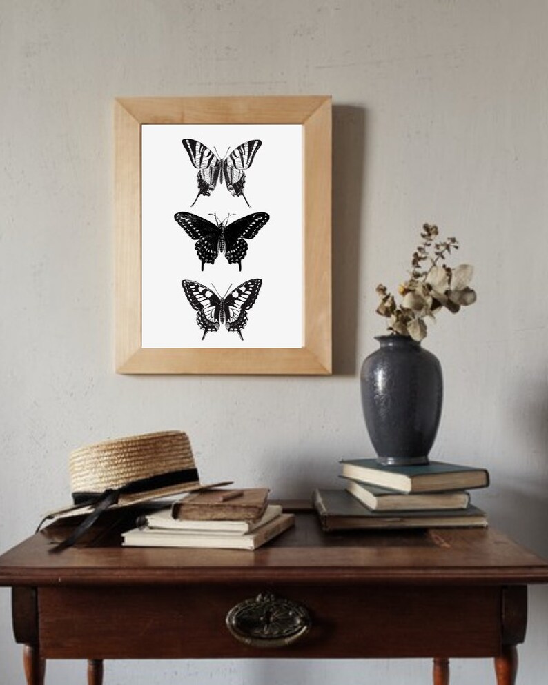 May include: A framed print of three black and white butterfly illustrations. The butterflies are arranged vertically, with the largest butterfly at the bottom and the smallest butterfly at the top. The print is hanging on a white wall above a wooden table with books and a hat.