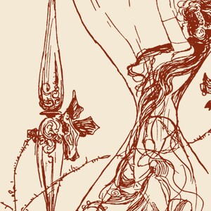 May include: A line drawing of a woman reaching for a butterfly. The woman is standing on a skull and is surrounded by vines. The drawing is in shades of brown and white.