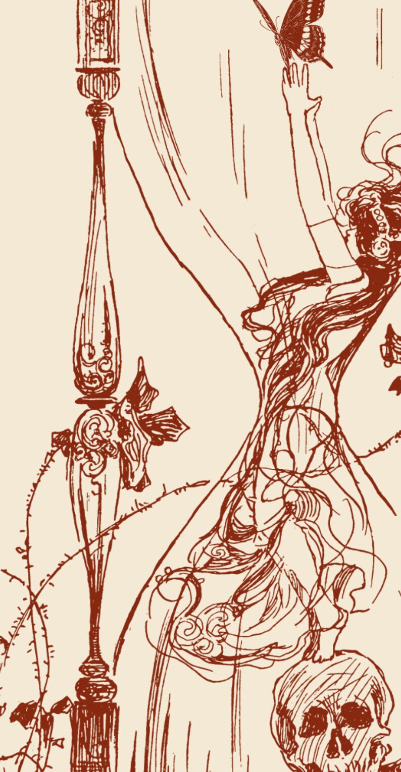 May include: A line drawing of a woman reaching for a butterfly. The woman is standing on a skull and is surrounded by vines. The drawing is in shades of brown and white.