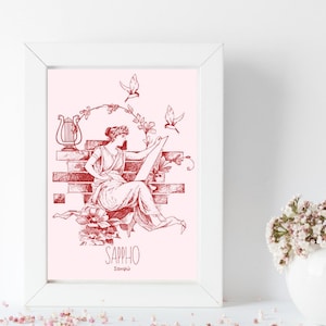 May include: A framed print with a pink background featuring a red line drawing of a woman sitting on a brick wall with a lyre behind her. The woman is holding a scroll and there are birds flying around her. The text "SAPPHO" and "&Sigma;&alpha;&pi;&phi;ώ" is below the image.