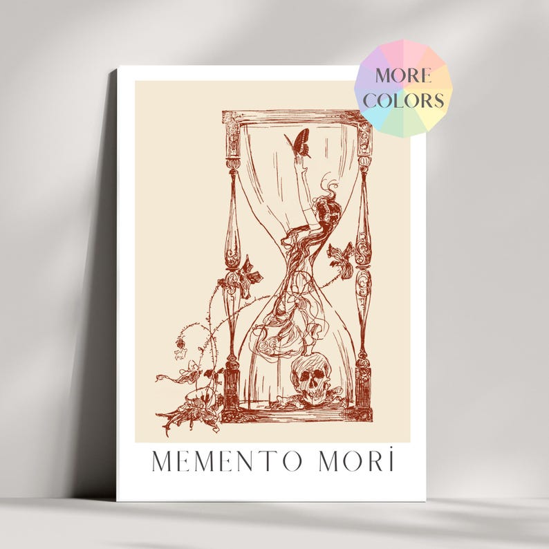 May include: A red and white hourglass with a skull at the bottom and a woman's figure inside. The hourglass is surrounded by vines and flowers. The text "MEMENTO MORI" is written below the hourglass.