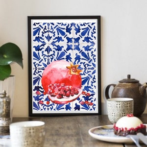 Turkish Tiles and Pomegranate Watercolor Print, Traditional Ottoman Symbolic Painting for Oriental Decor, Wall Art for Aesthetic Apartment