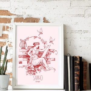 May include: A pink and red illustration of Sappho, a Greek poet, sitting on a brick wall with a lyre and birds flying around her. The text "Sappho" and "&Sigma;&alpha;&pi;&phi;ώ" is below the image.