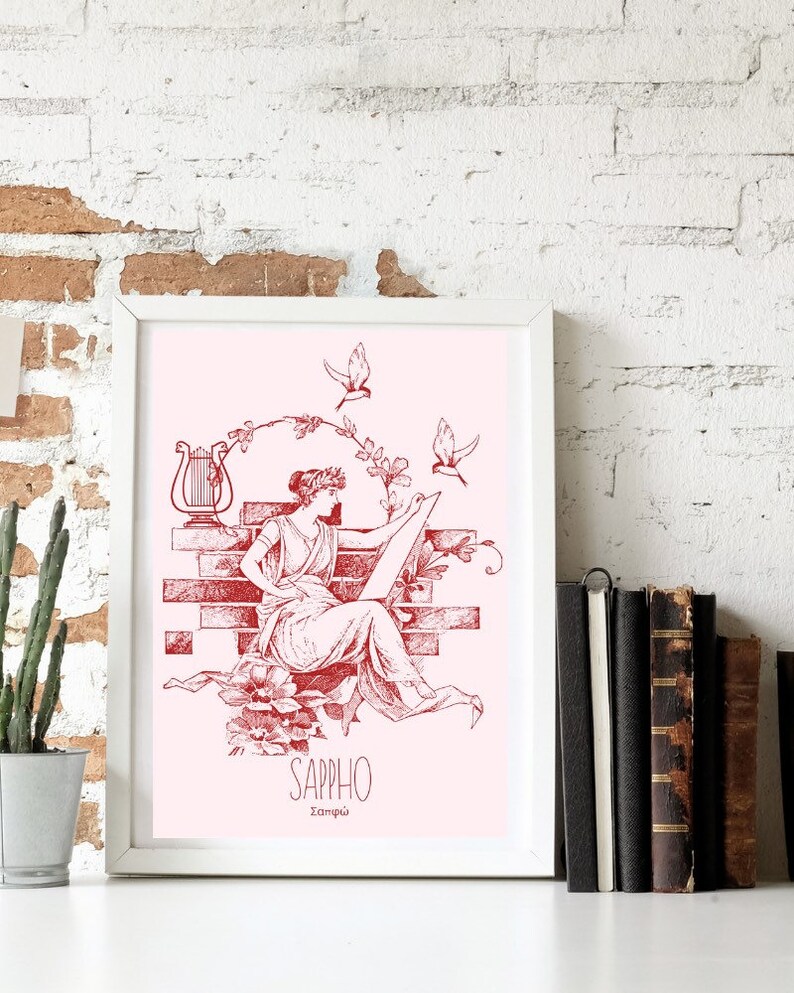 May include: A pink and red illustration of Sappho, a Greek poet, sitting on a brick wall with a lyre and birds flying around her. The text "Sappho" and "&Sigma;&alpha;&pi;&phi;ώ" is below the image.