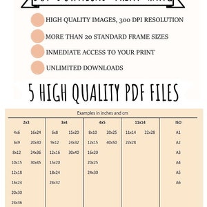 May include: A chart showing different sizes of printable PDF files in inches and centimeters. The chart includes standard sizes like 4x6, 8x10, 11x14, and ISO sizes like A1, A2, A3, A4, A5, and A6.
