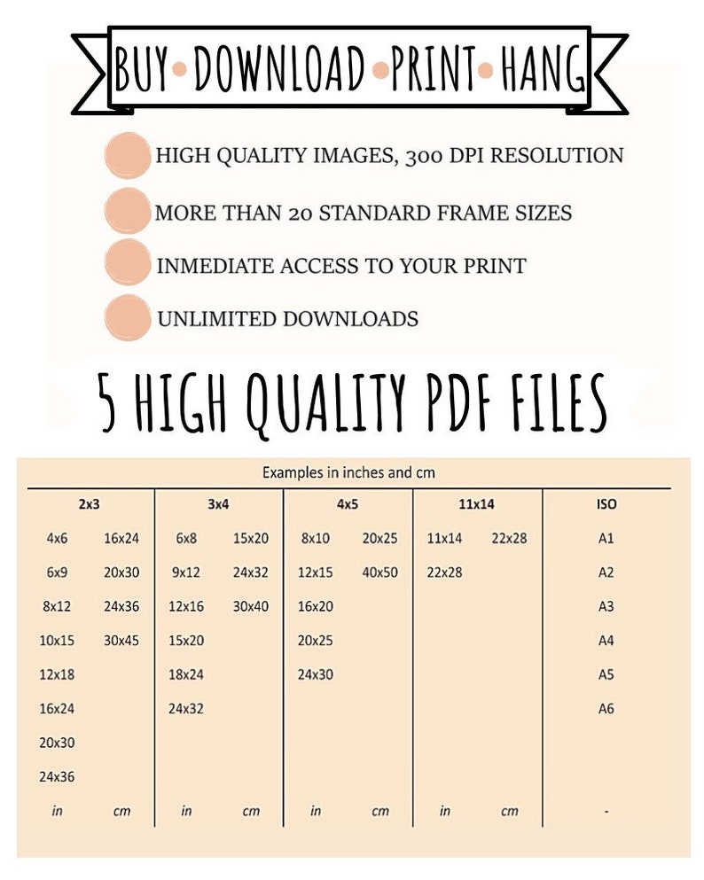 May include: A chart showing different sizes of printable PDF files in inches and centimeters. The chart includes standard sizes like 4x6, 8x10, 11x14, and ISO sizes like A1, A2, A3, A4, A5, and A6.