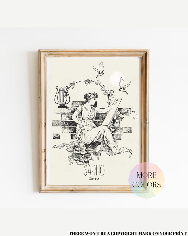 May include: A black and white illustration of Sappho, a Greek poet, sitting on a bench with a lyre and birds flying above her. The text "Sappho" and "&Sigma;&alpha;&pi;&phi;ώ" are below the image.