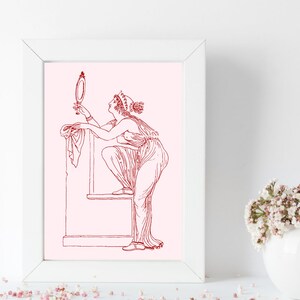 May include: A line drawing of a woman in a flowing gown, holding a hand mirror and standing on a platform. The drawing is in red on a pink background.
