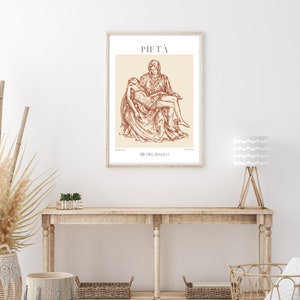 May include: A beige poster with a brown line drawing of Michelangelo's Piet&agrave; sculpture. The title "PIET&Agrave;" is at the top of the poster, and "MICHELANGELO" is at the bottom.