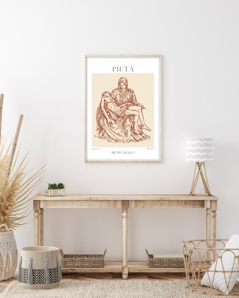 May include: A beige poster with a brown line drawing of Michelangelo's Piet&agrave; sculpture. The title "PIET&Agrave;" is at the top of the poster, and "MICHELANGELO" is at the bottom.