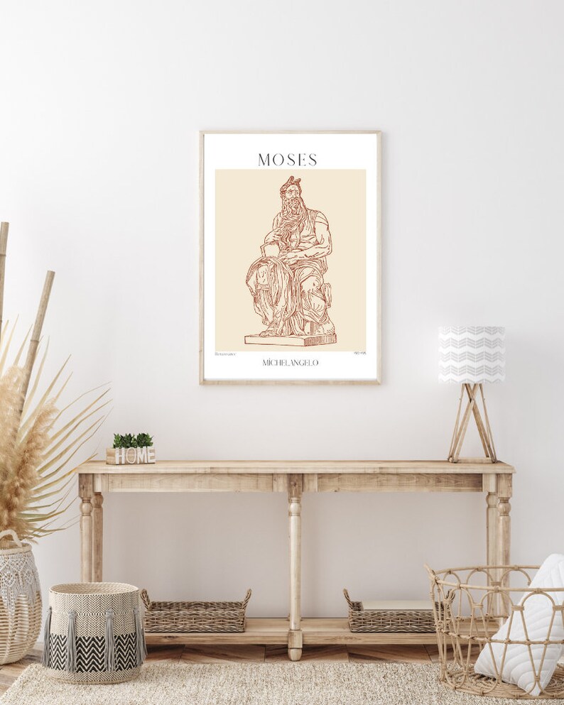 May include: A printable poster with a line drawing of the Moses sculpture by Michelangelo. The poster has a beige background with brown text that reads "MOSES" and "MICHELANGELO".