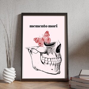 Memento Mori Print, Skull & Butterfly, Stoic Latin Quote Art Pink