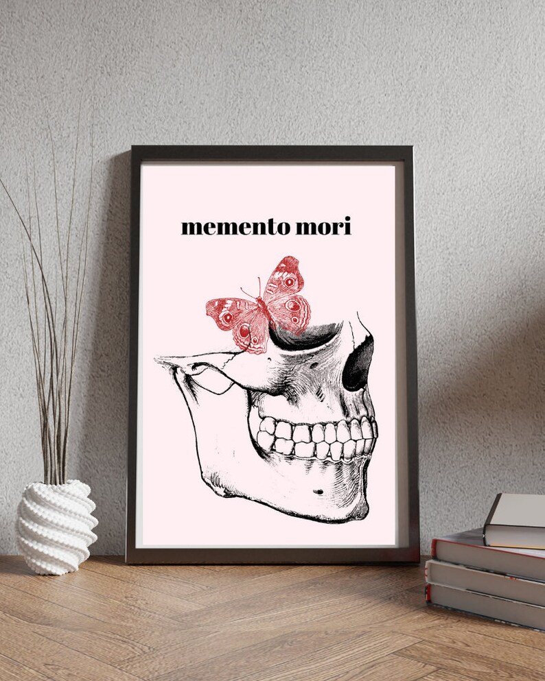 Memento Mori Print, Skull & Butterfly, Stoic Latin Quote Art Pink