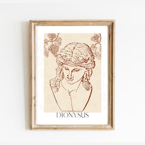 Dionysuskunst, Bacchus-afdruk, poster Griekse god, decor Griekse mythologie, 12 Olympiër, Romeinse goden, god van de wijn, cadeau wijnliefhebber, theatermajoor