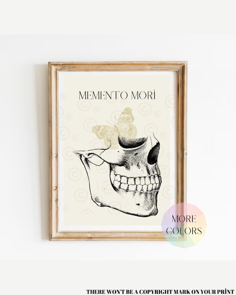 Memento Mori Print, Skull & Butterfly, Stoic Latin Quote Art Beige
