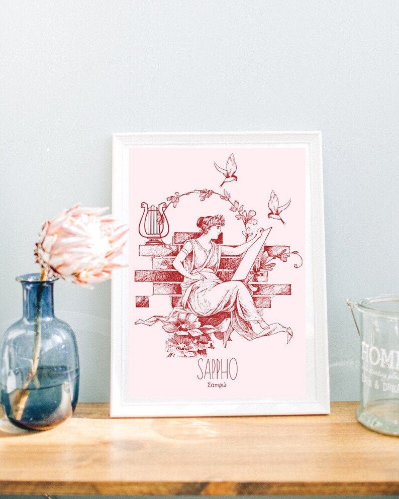 May include: A red line drawing of Sappho, a Greek poet, sitting on a brick wall with a lyre and birds flying around her. The text "SAPPHO" and "&Sigma;&alpha;&pi;&phi;ώ" is below the image on a pink background.