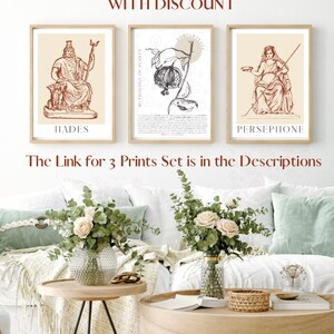 May include: Three printable art prints featuring illustrations of Hades, Persephone, and a pomegranate. The prints are in a minimalist style with a beige background and brown lines.