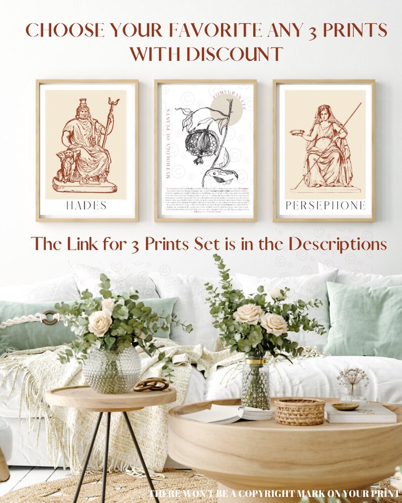 May include: Three printable art prints featuring illustrations of Hades, Persephone, and a pomegranate. The prints are in a minimalist style with a beige background and brown lines.