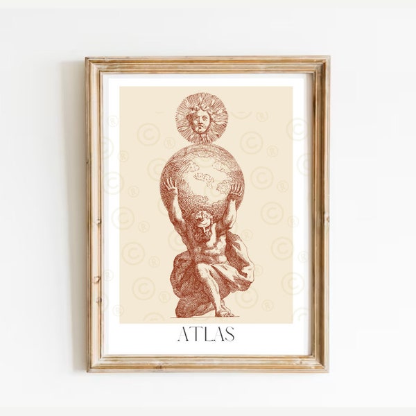 Titán griego Atlas, impresión de mitología griega, decoración de la academia, cartel de dioses griegos, galería de mitos, antigua Grecia, regalo griego, dibujo neoclásico