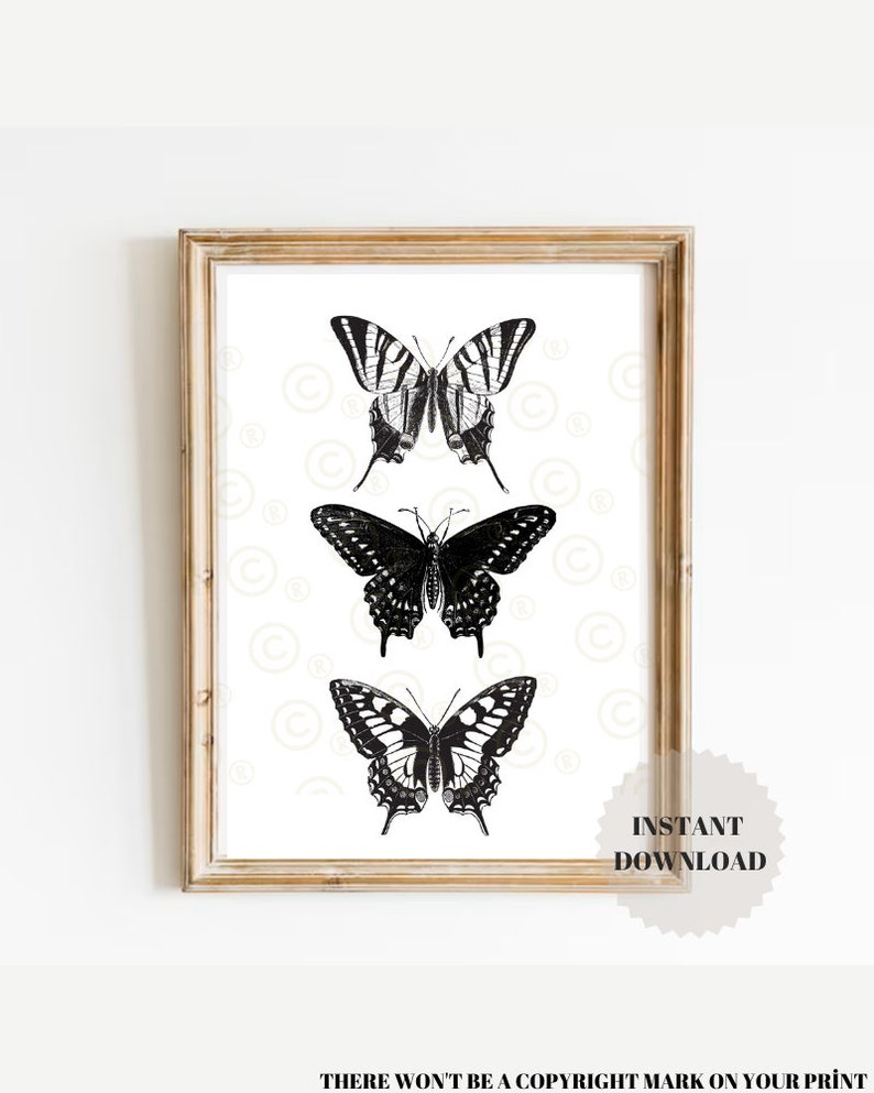 May include: A printable art print featuring three black and white illustrations of butterflies. The butterflies are arranged vertically, with the largest butterfly at the top and the smallest butterfly at the bottom. The background is a light cream color with a subtle pattern of circles.
