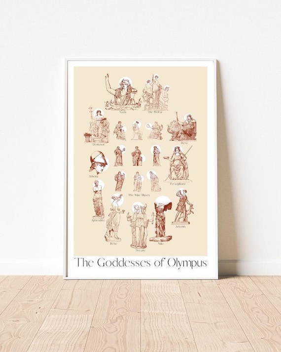 Greek Goddesses of Olympus Print, Beige Mythology Wall Art