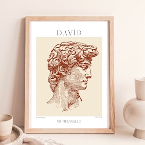 May include: A framed print of a line drawing of the David statue by Michelangelo. The print is on a cream background with the title "DAVID" in brown text at the top and "MICHELANGELO" in brown text at the bottom. The words "Renaissance" and "ROME, 1501-1504" are in smaller brown text at the bottom.