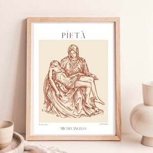 May include: A line drawing of Michelangelo's Pieta sculpture, a Renaissance artwork depicting the Virgin Mary holding the body of Jesus Christ. The drawing is in shades of brown on a cream background with the title "PIETA" and the artist's name "MICHELANGELO" in a serif font.