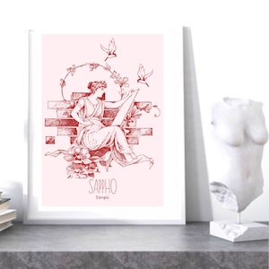 May include: A red and white illustration of a woman sitting on a brick wall, writing on a scroll. She is surrounded by flowers and birds. The text "SAPPHO" and "Sappho" is below the image.