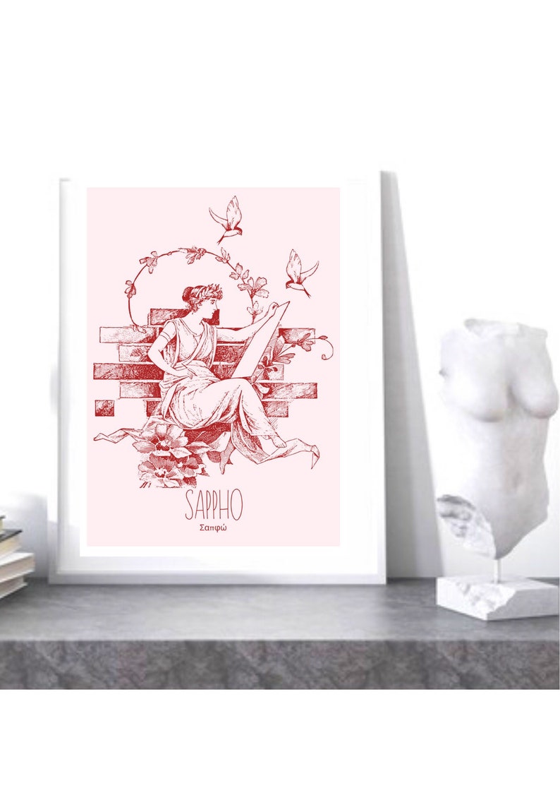 May include: A red and white illustration of a woman sitting on a brick wall, writing on a scroll. She is surrounded by flowers and birds. The text "SAPPHO" and "Sappho" is below the image.