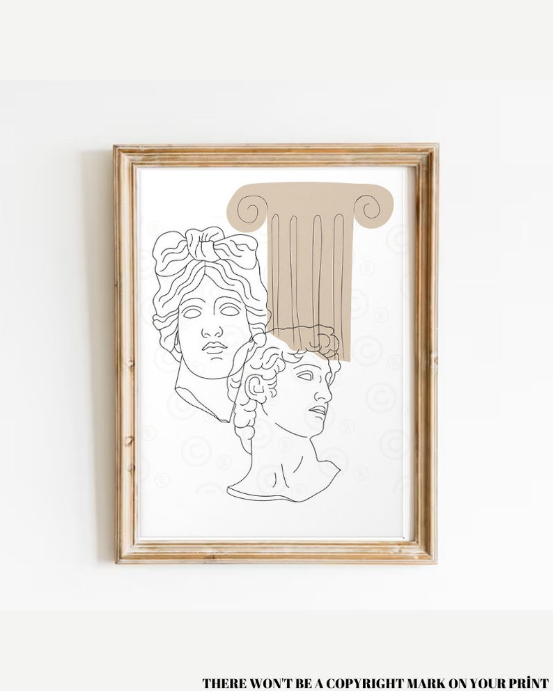 May include: Line art print of two classical busts with a brown column behind them. The print is framed in a light wood frame.