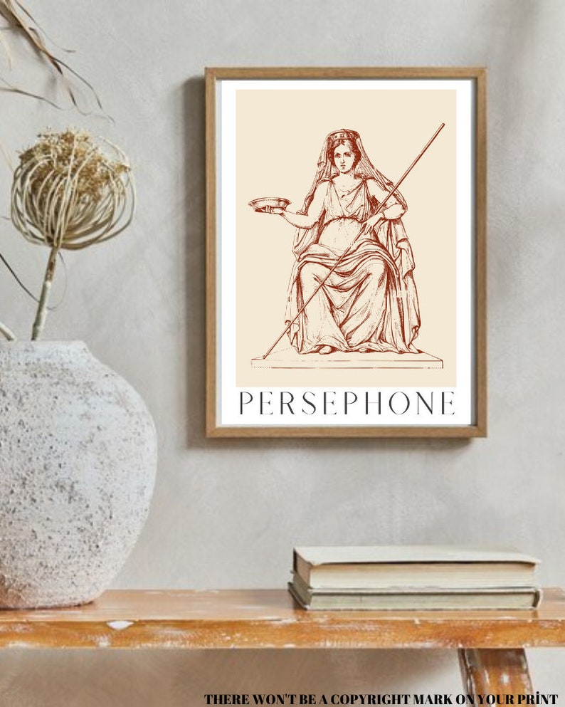 May include: A vintage illustration of Persephone, the Greek goddess of spring, in a seated pose. She is holding a bowl in her left hand and a staff in her right hand. The image is in brown and white on a cream background.