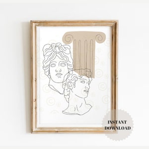 Puede incluir: Una impresión artística enmarcada con dibujos lineales de esculturas clásicas y una columna en beige y negro. La impresión incluye el texto "INSTANT DOWNLOAD" en una insignia circular. El marco es de color oro claro.