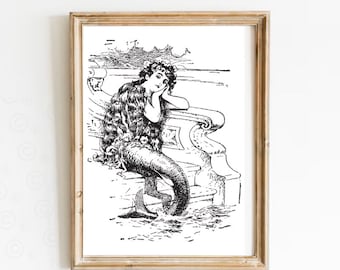 Art Nouveau Mermaid Line Art Print, Minimalist Bathroom Decor