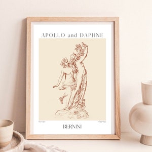 May include: A framed print of a line drawing of the sculpture "Apollo and Daphne" by Bernini. The drawing is in shades of brown on a cream background. The text "Baroque" and "#22465" are in the bottom corners of the print. The text "BERNNI" is centered at the bottom of the print.